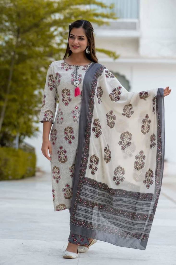 Grey Cotton Floral Block Print Angrakha Style Anarkali Kurti Pant Dupatta Set