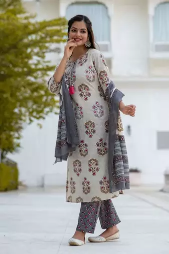 Grey Cotton Floral Block Print Angrakha Style Anarkali Kurti Pant Dupatta Set