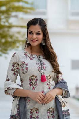 Grey Cotton Floral Block Print Angrakha Style Anarkali Kurti Pant Dupatta Set 3
