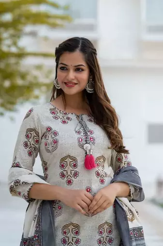 Grey Cotton Floral Block Print Angrakha Style Anarkali Kurti Pant Dupatta Set