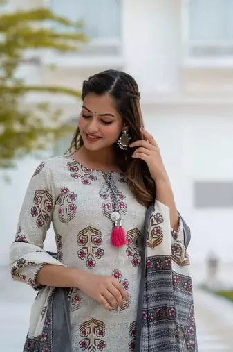 Grey Cotton Floral Block Print Angrakha Style Anarkali Kurti Pant Dupatta Set