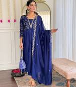 Women Beautiful Embroidery Vichitra Silk Fabric with Flared Kurta, Pant and Dupatta Set