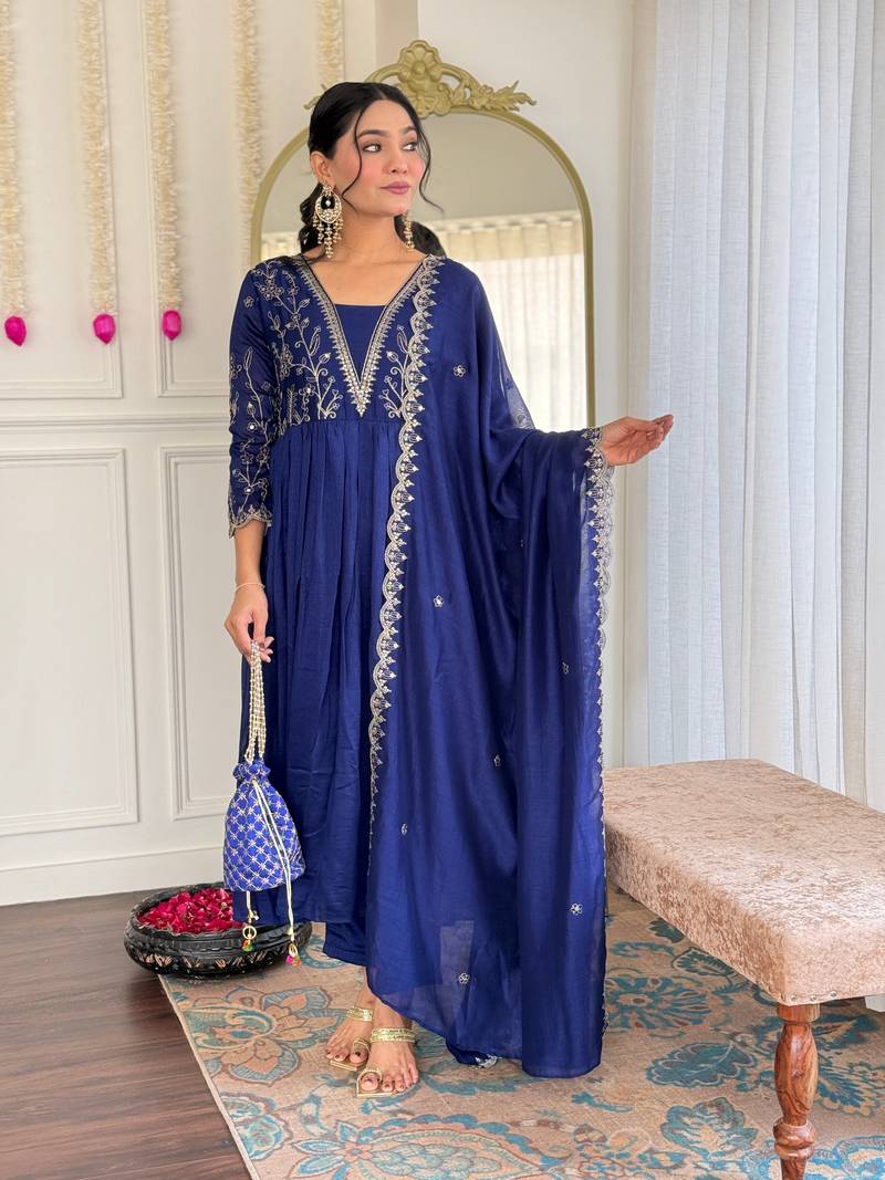 Women Beautiful Embroidery Vichitra Silk Fabric with Flared Kurta, Pant and Dupatta Set