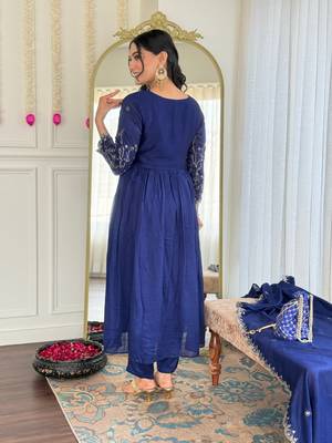 Women Beautiful Embroidery Vichitra Silk with Flared Kurta, Pant and Dupatta Set 4
