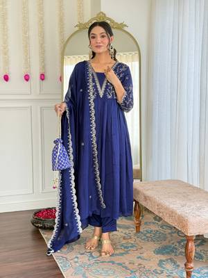 Women Beautiful Embroidery Vichitra Silk with Flared Kurta, Pant and Dupatta Set 5