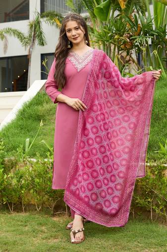 Women Beautiful Embroidery Rayon Fabric with Straight Kurta, Pant and Dupatta Set