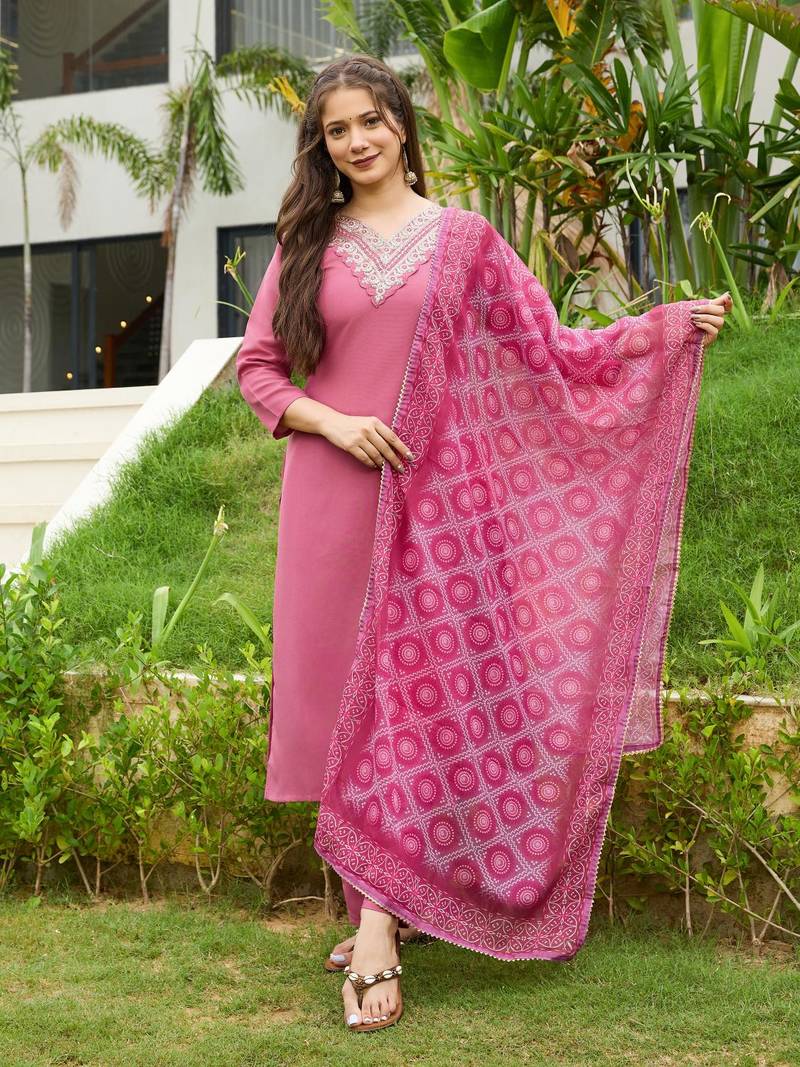 Women Beautiful Embroidery Rayon Fabric with Straight Kurta, Pant and Dupatta Set