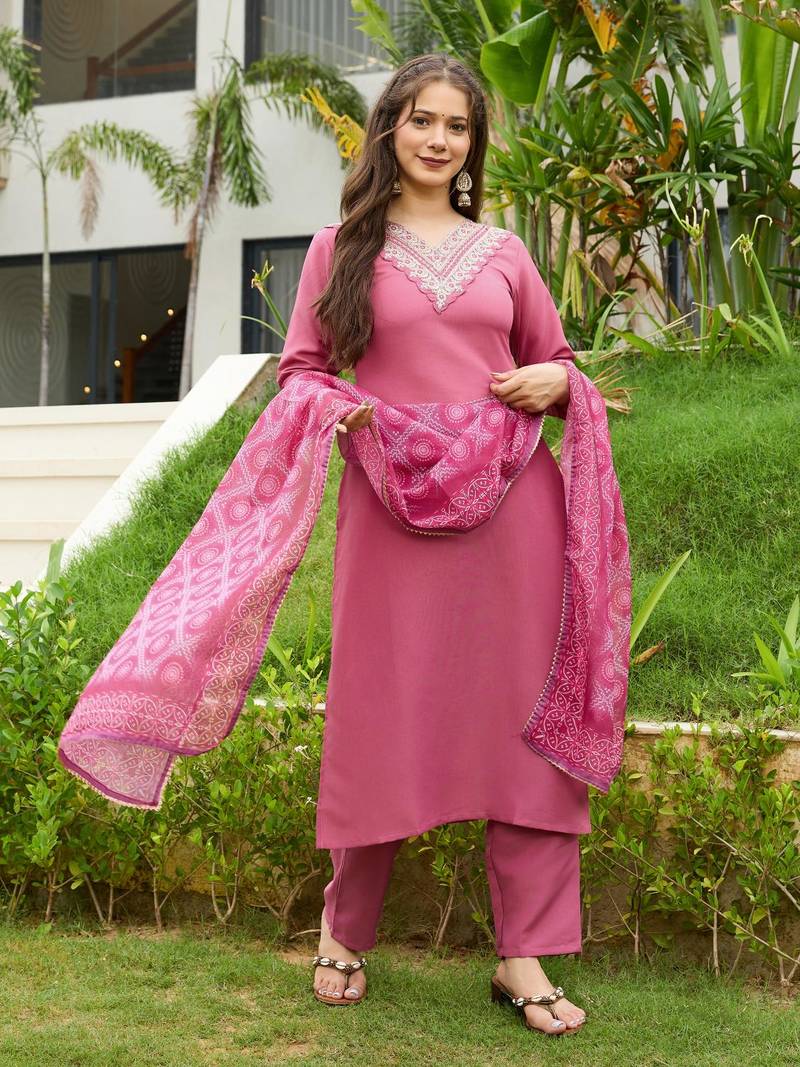 Women Beautiful Embroidery Rayon Fabric with Straight Kurta, Pant and Dupatta Set