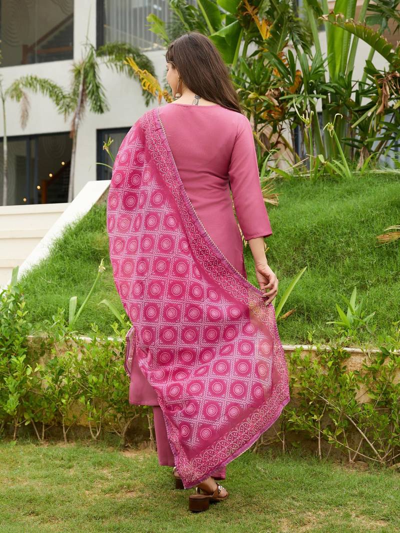 Women Beautiful Embroidery Rayon Fabric with Straight Kurta, Pant and Dupatta Set