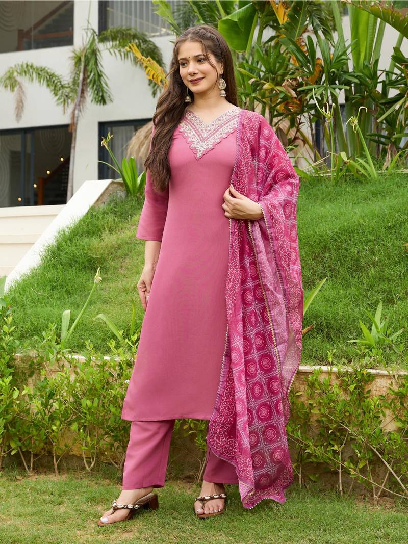 Women Beautiful Embroidery Rayon Fabric with Straight Kurta, Pant and Dupatta Set