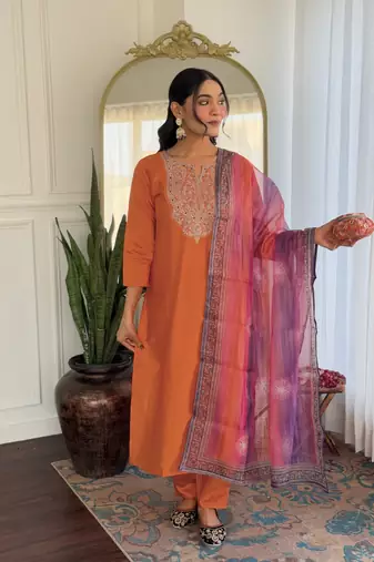 Women Gorgeous Embroidery Rayon Fabric with Straight Kurta, Pant and Dupatta Set