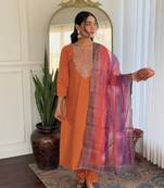 Women Gorgeous Embroidery Rayon Fabric with Straight Kurta, Pant and Dupatta Set