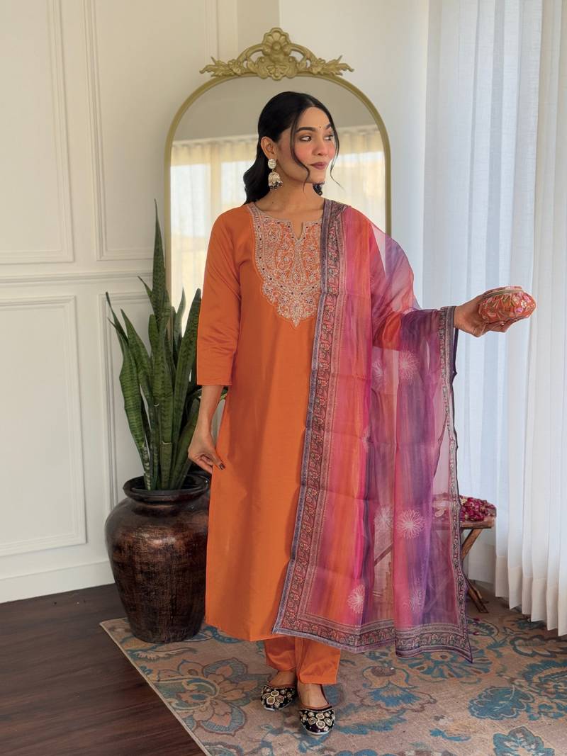 Women Gorgeous Embroidery Rayon Fabric with Straight Kurta, Pant and Dupatta Set
