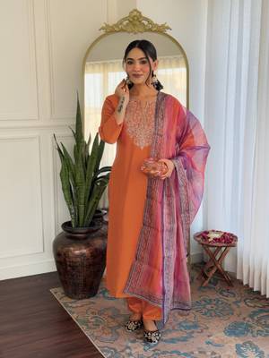 Women  Embroidery Rayon with Straight Kurta Pant and Dupatta Set 5