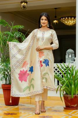 Women Beautiful Thread Work Viscose Assam Silk with Straight Kurta Pant and Dupatta Set 1