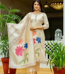 Women Beautiful Thread Work Viscose Assam Silk with Straight Kurta Pant and Dupatta Set