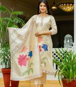 Women Beautiful Thread Work Viscose Assam Silk Fabric with Straight Kurta, Pant and Dupatta Set