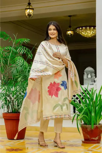 Women Beautiful Thread Work Viscose Assam Silk with Straight Kurta Pant and Dupatta Set