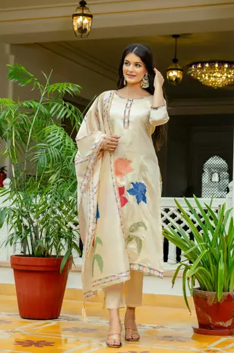 Women Beautiful Thread Work Viscose Assam Silk with Straight Kurta Pant and Dupatta Set