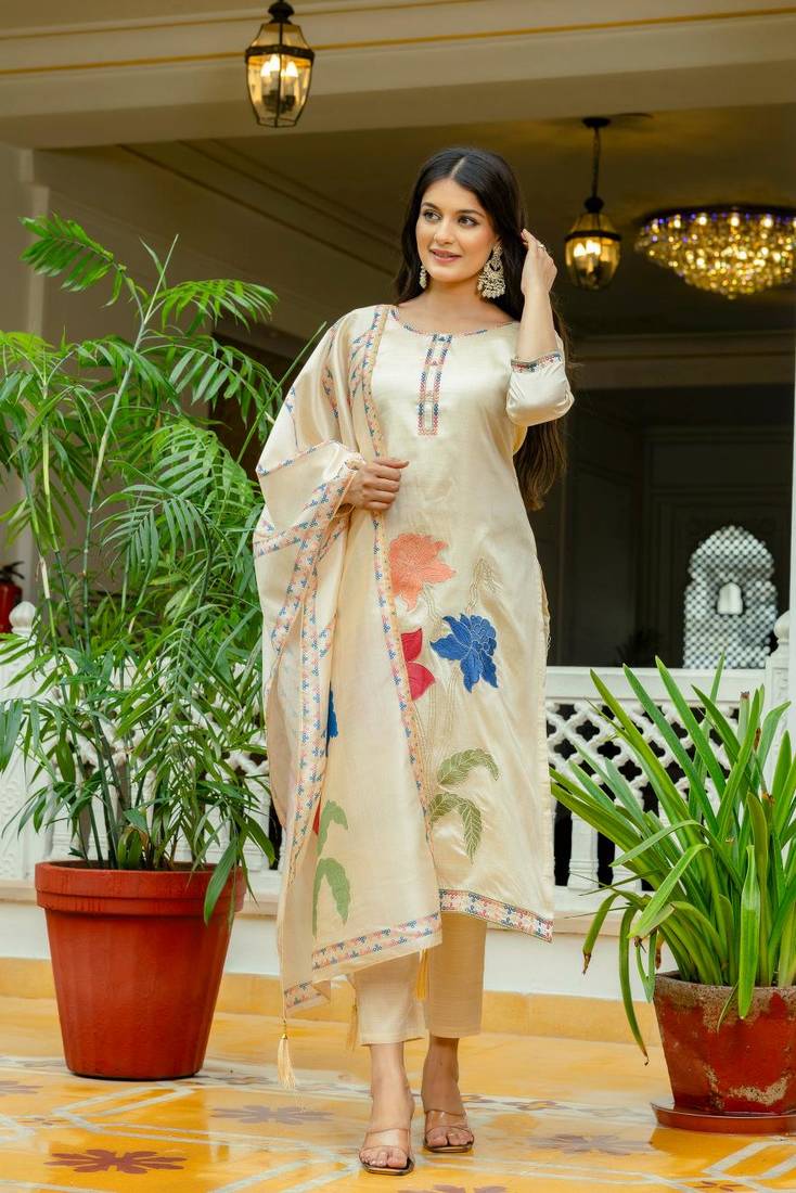 Women Beautiful Thread Work Viscose Assam Silk Fabric with Straight Kurta, Pant and Dupatta Set