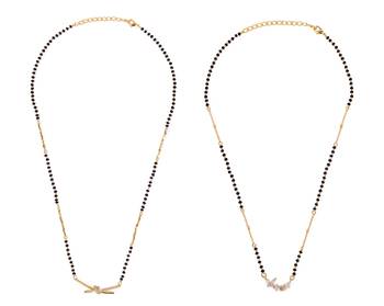 Flower design gold plated combo set of 2 black beaded adjustable chain mangalsutra for women 1