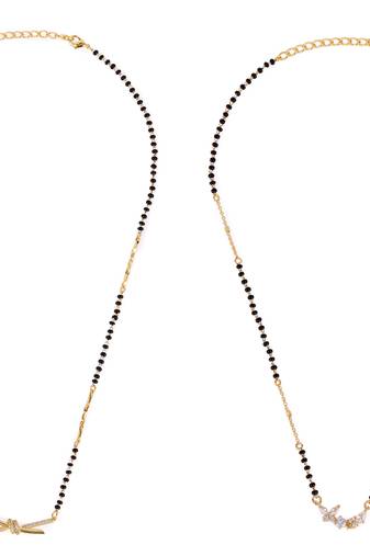 Flower design gold plated combo set of 2 black beaded adjustable chain mangalsutra for women