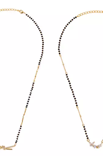 Flower design gold plated combo set of 2 black beaded adjustable chain mangalsutra for women