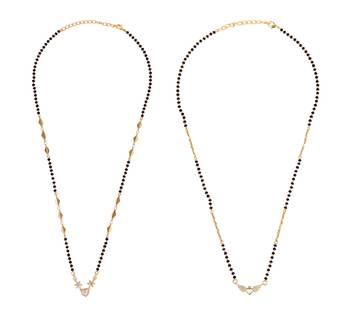 Leaf and heart shape gold plated combo set of 2 black beaded adjustable chain mangalsutra for women 1