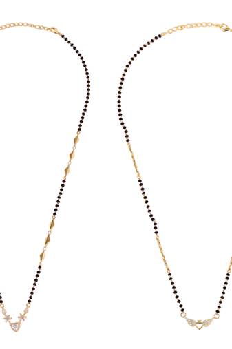 Leaf and heart shape gold plated combo set of 2 black beaded adjustable chain mangalsutra for women