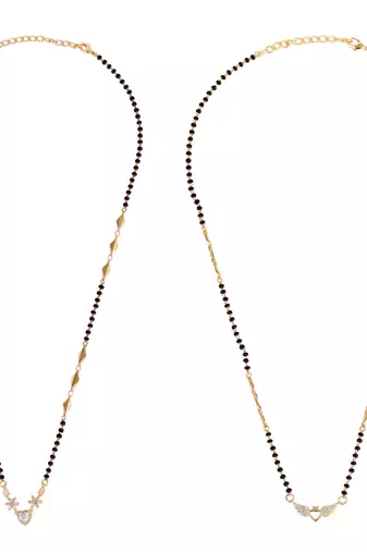 Leaf and heart shape gold plated combo set of 2 black beaded adjustable chain mangalsutra for women
