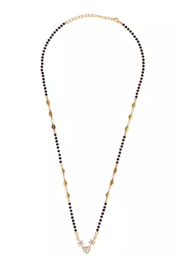 Leaf and heart shape gold plated combo set of 2 black beaded adjustable chain mangalsutra for women