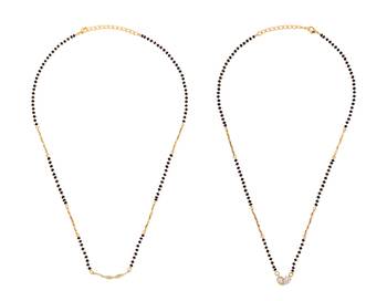 Cz studded oval shape gold plated combo set of 2 black beaded adjustable chain mangalsutra for women 1