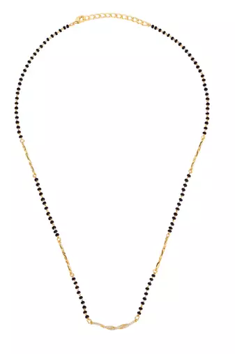 Cz studded oval shape gold plated combo set of 2 black beaded adjustable chain mangalsutra for women