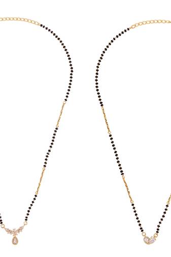 Oval & flower design gold plated combo set of 2 black beaded adjustable chain mangalsutra for women