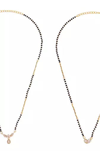 Oval & flower design gold plated combo set of 2 black beaded adjustable chain mangalsutra for women