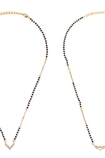 Splendid "v" shape gold plated combo set of 2 black beaded adjustable chain mangalsutra for women