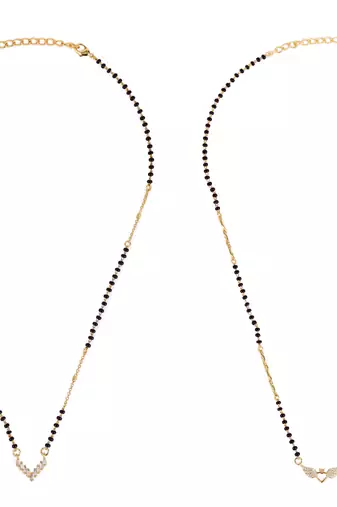 Splendid "v" shape gold plated combo set of 2 black beaded adjustable chain mangalsutra for women
