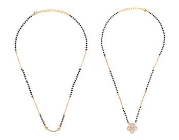 Flower design gold plated combo set of 2 black beaded adjustable chain mangalsutra for women 1