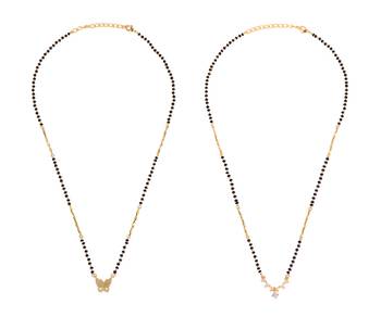 Round triangle shape gold plated combo set of 2 black beaded adjustable chain mangalsutra for women 1