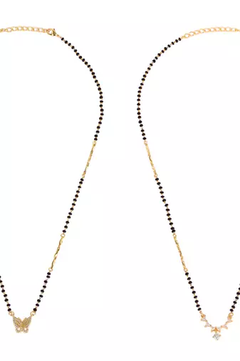 Round triangle shape gold plated combo set of 2 black beaded adjustable chain mangalsutra for women