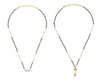 Oval shape cz studded gold plated combo set of 2 black beaded adjustable chain mangalsutra for women 1