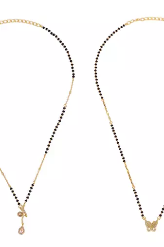 Butterfly design gold plated combo set of 2 black beaded adjustable chain mangalsutra for women