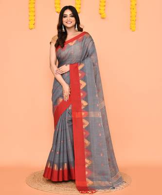 grey cotton blend handloom saree with red temple border 1