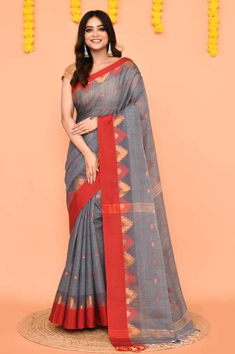 grey cotton blend handloom saree with red temple border