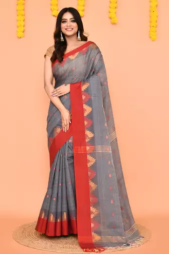 grey cotton blend handloom saree with red temple border