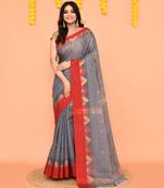 grey cotton blend handloom saree with red temple border