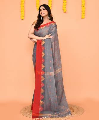 grey cotton blend handloom saree with red temple border 2