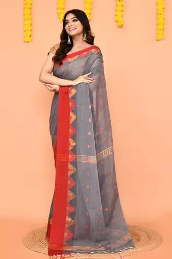 grey cotton blend handloom saree with red temple border