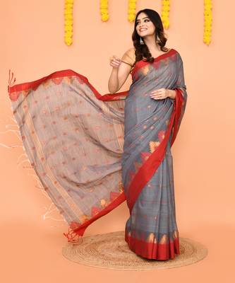 grey cotton blend handloom saree with red temple border 3