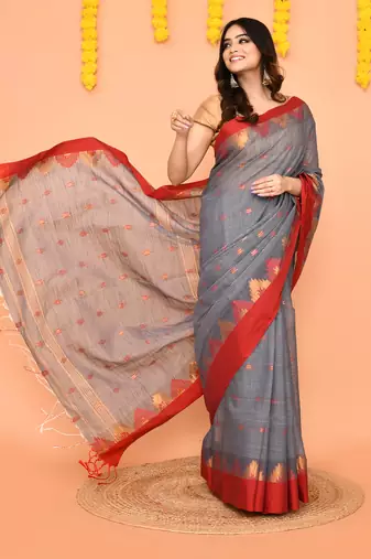grey cotton blend handloom saree with red temple border